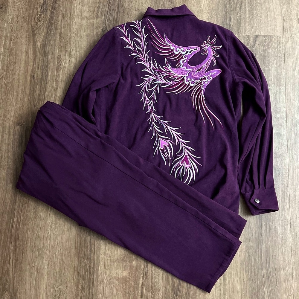 Bob Mackie Wearable Art Purple Firebird/Phoenix Embroidered Jacket and Pants Set
